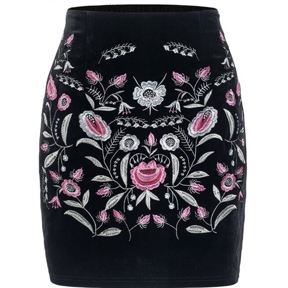 BerryGo Dresses & Skirts - Embroidered Velvet Black Mini Skirt